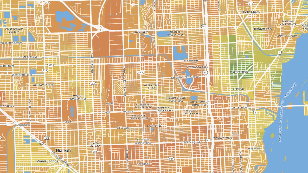 Map of the best neighborhoods in the West Little River area, with better matches in green and worse matches in red