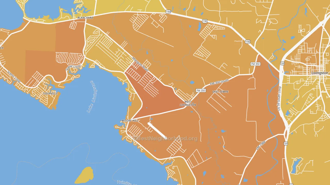 Map of the best neighborhoods in the West Livingston area, with better matches in green and worse matches in red