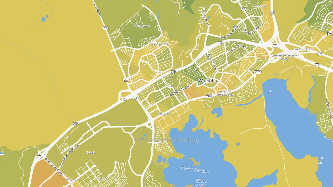 Map of the best neighborhoods in the West Loch, Waipahu area, with better matches in green and worse matches in red