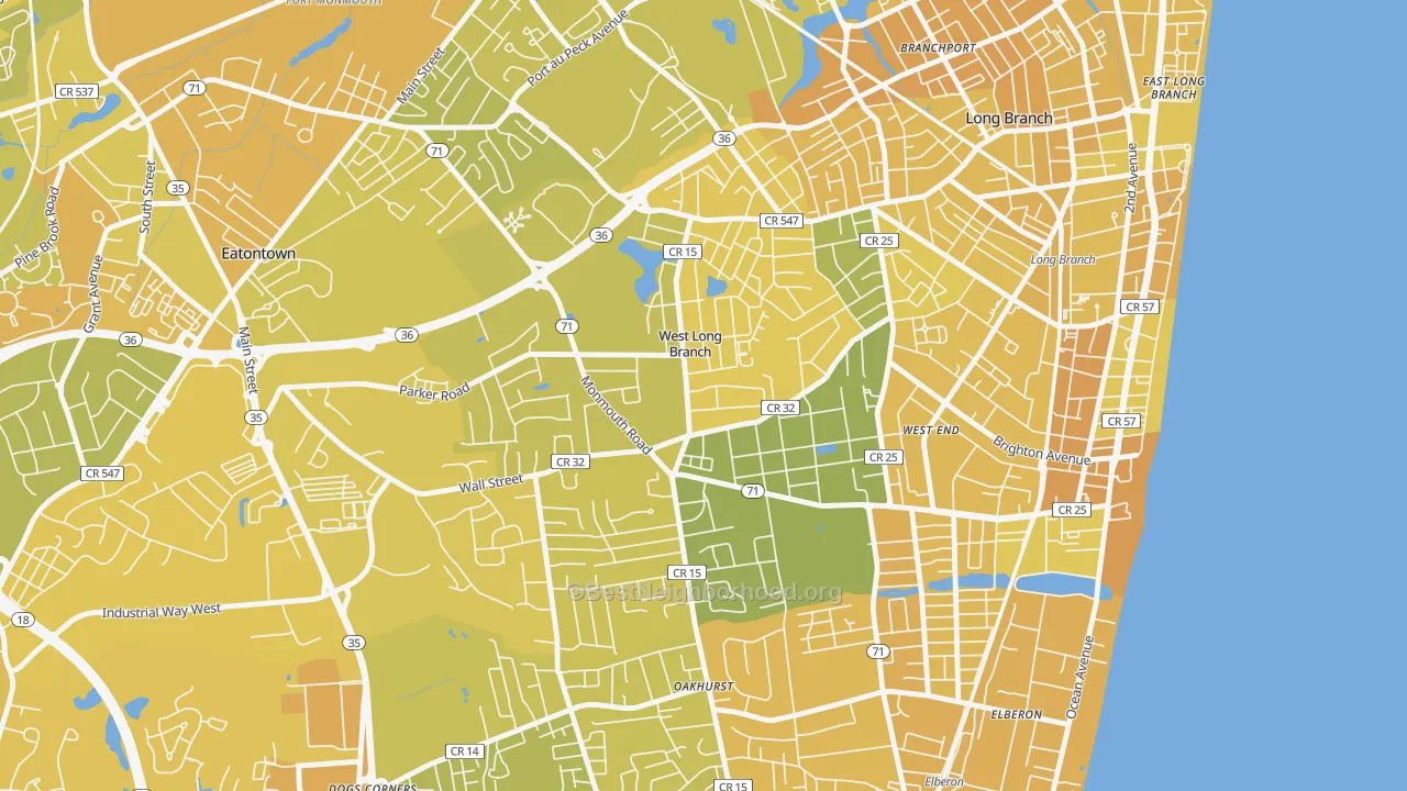 Map of the best neighborhoods in the West Long Branch area, with better matches in green and worse matches in red