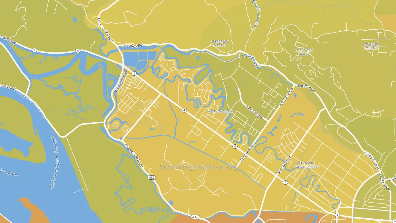 Map of the best neighborhoods in the West Longview, Longview area, with better matches in green and worse matches in red