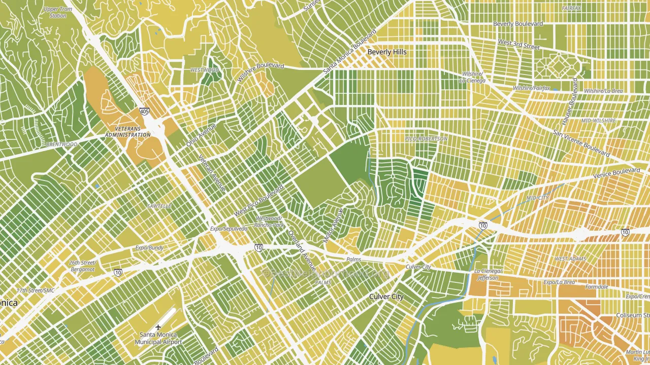 Map of the best neighborhoods in the West Los Angeles, Los Angeles area, with better matches in green and worse matches in red