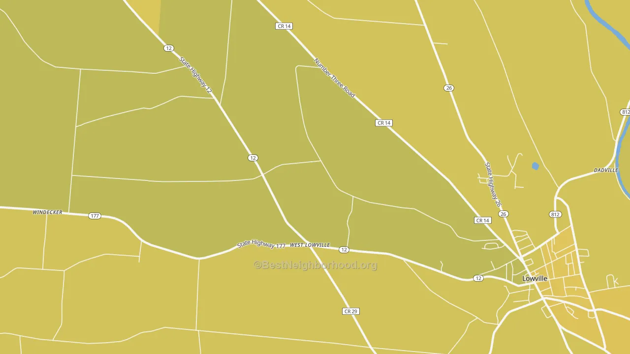Map of the best neighborhoods in the West Lowville area, with better matches in green and worse matches in red