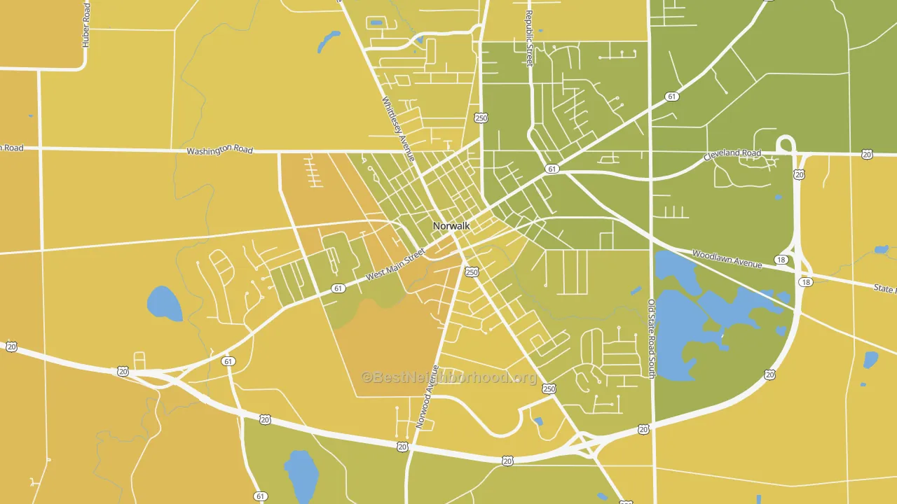 Map of the best neighborhoods in the West Main Street Historic District, Norwalk area, with better matches in green and worse matches in red