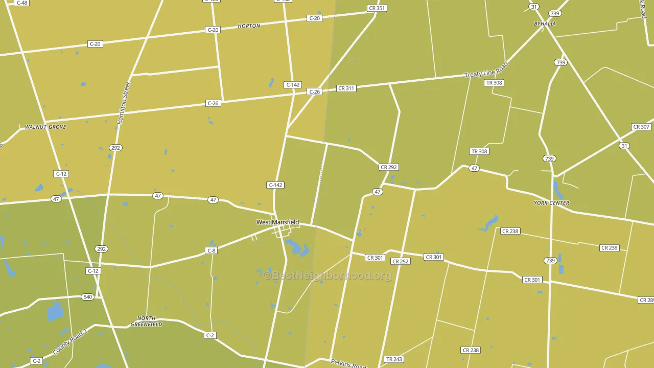 Map of the best neighborhoods in the West Mansfield area, with better matches in green and worse matches in red