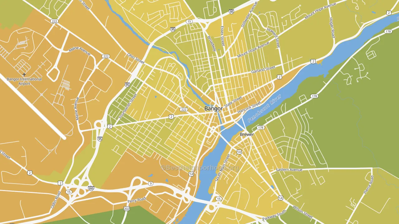 Map of the best neighborhoods in the West Market Square Historic District, Bangor area, with better matches in green and worse matches in red