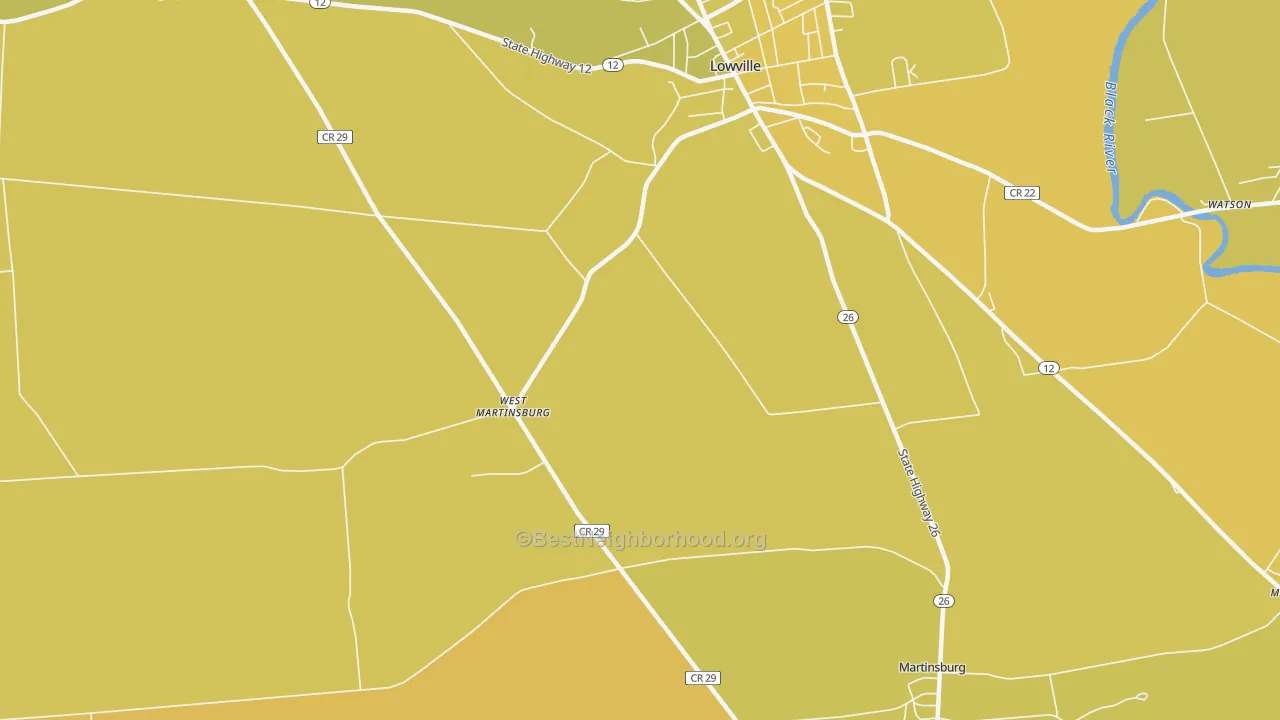 Map of the best neighborhoods in the West Martinsburg area, with better matches in green and worse matches in red