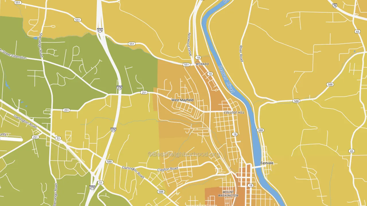 Map of the best neighborhoods in the West Mayfield area, with better matches in green and worse matches in red