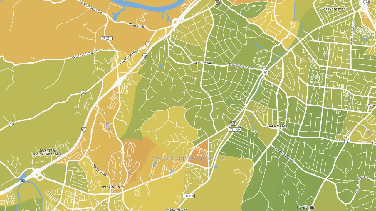 Map of the best neighborhoods in the West Meade, Nashville area, with better matches in green and worse matches in red