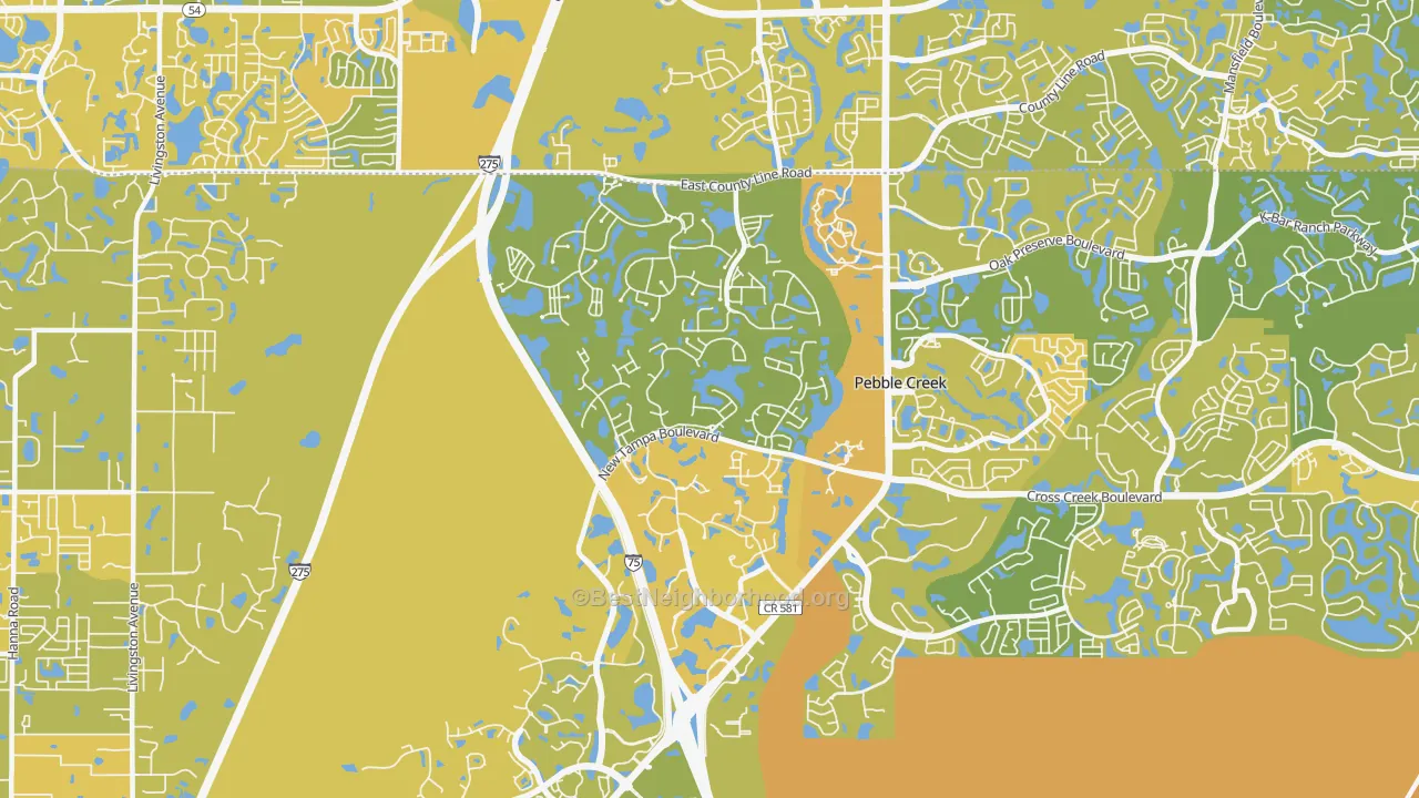 Map of the best neighborhoods in the West Meadows, Tampa area, with better matches in green and worse matches in red