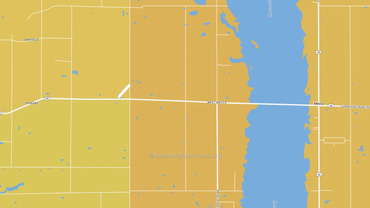 Map of the best neighborhoods in the West Mecca area, with better matches in green and worse matches in red