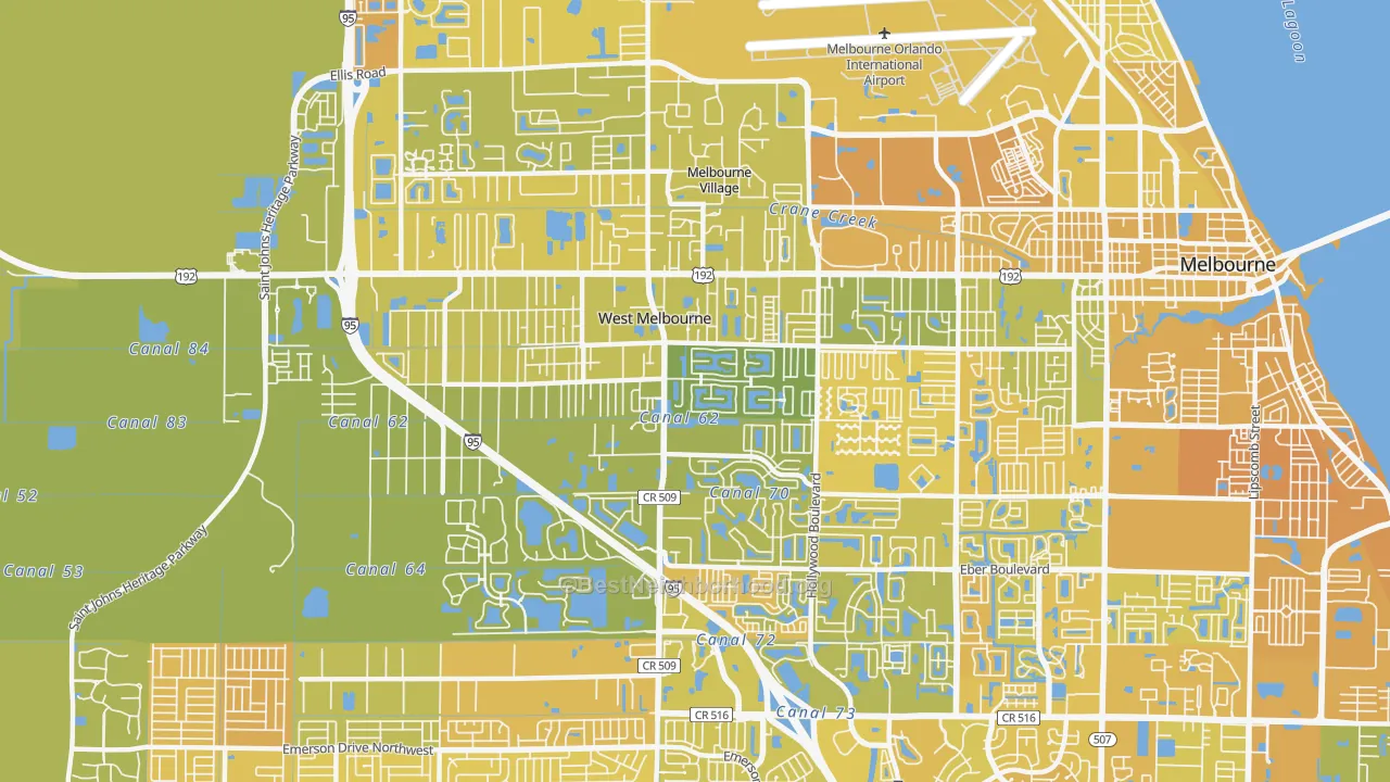 Map of the best neighborhoods in the West Melbourne area, with better matches in green and worse matches in red