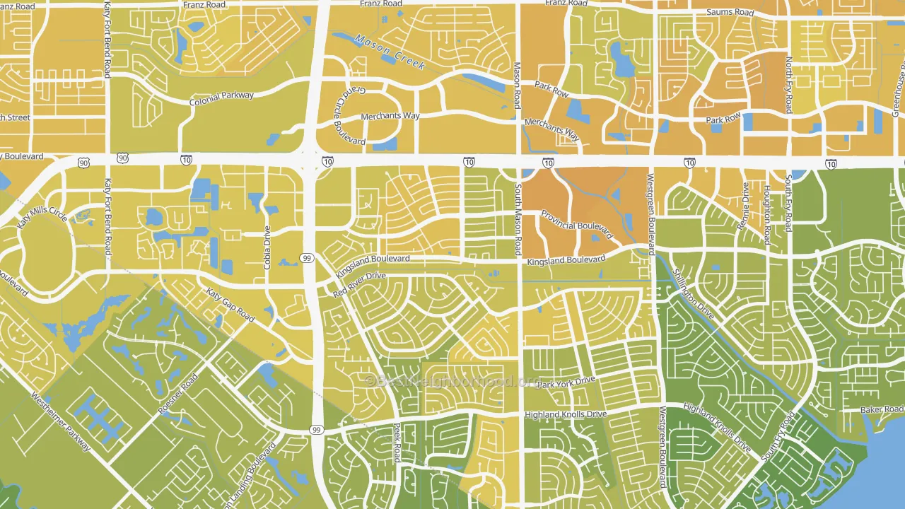 Map of the best neighborhoods in the West Memorial, Katy area, with better matches in green and worse matches in red