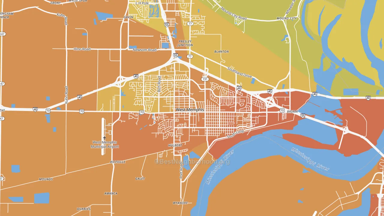Map of the best neighborhoods in the West Memphis area, with better matches in green and worse matches in red