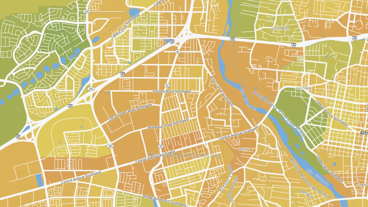 Map of the best neighborhoods in the West Mesa, Albuquerque area, with better matches in green and worse matches in red