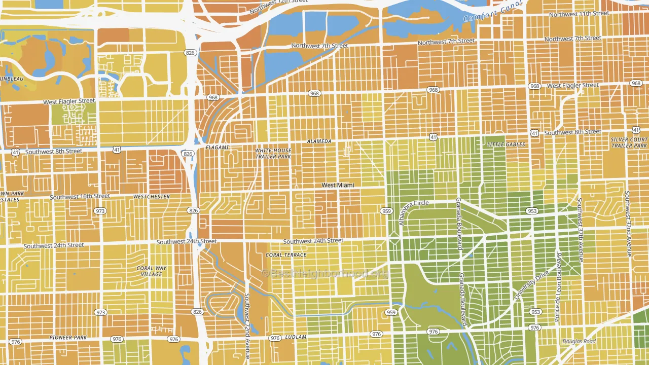 Map of the best neighborhoods in the West Miami area, with better matches in green and worse matches in red