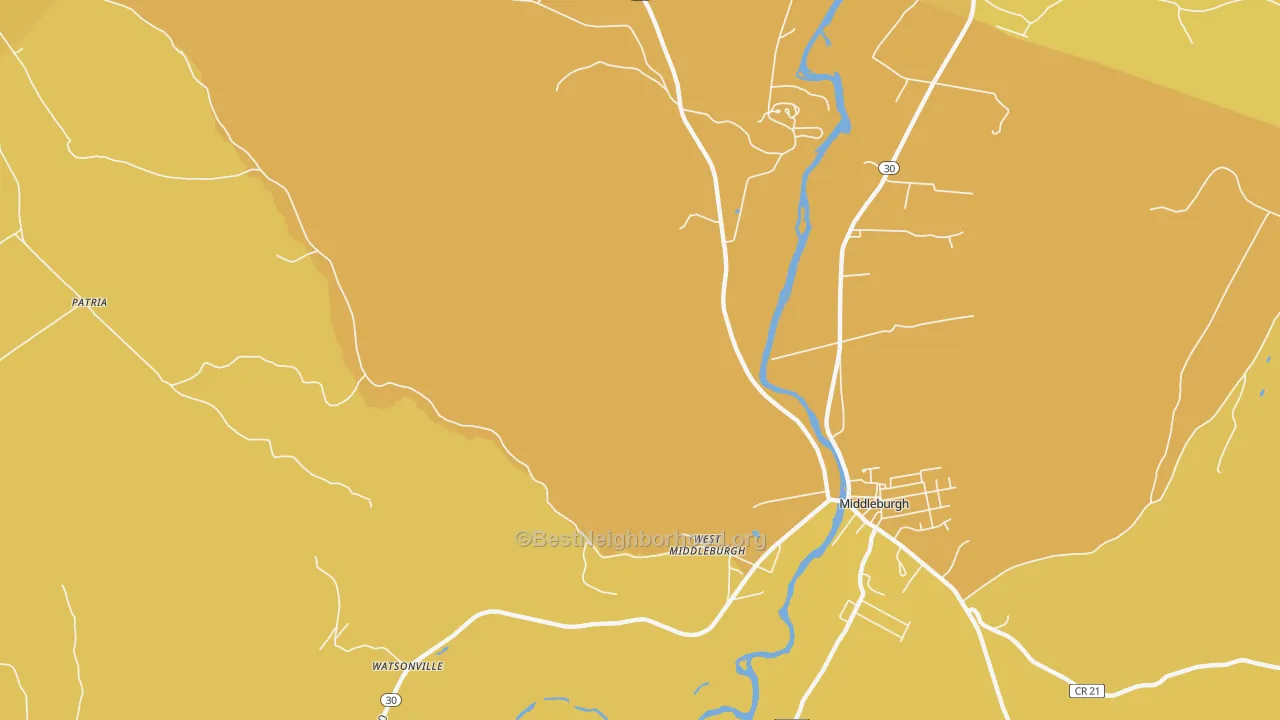 Map of the best neighborhoods in the West Middleburgh area, with better matches in green and worse matches in red