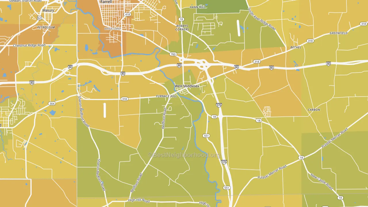 Map of the best neighborhoods in the West Middlesex area, with better matches in green and worse matches in red