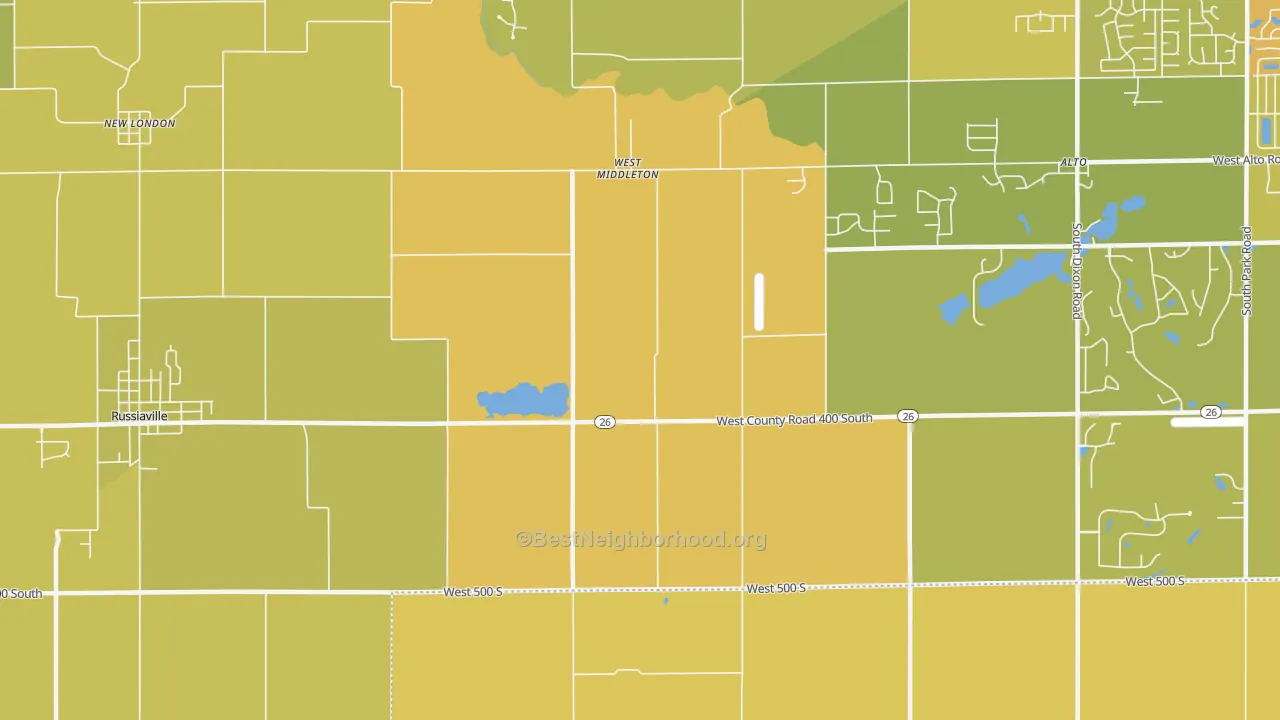 Map of the best neighborhoods in the West Middleton area, with better matches in green and worse matches in red