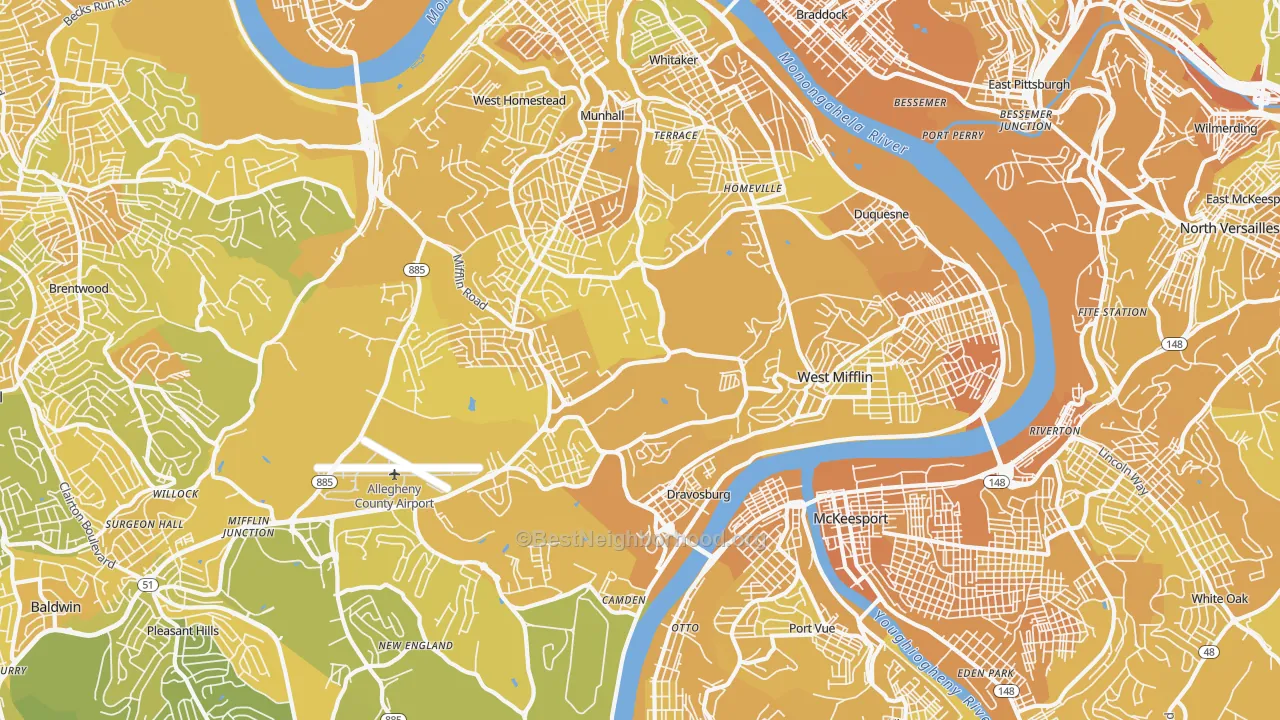 Map of the best neighborhoods in the West Mifflin area, with better matches in green and worse matches in red