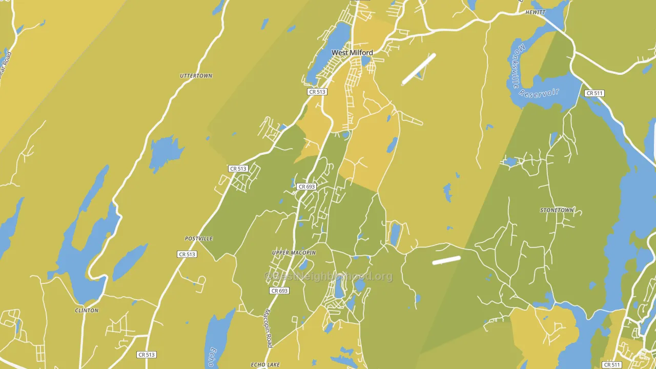 Map of the best neighborhoods in the West Milford area, with better matches in green and worse matches in red