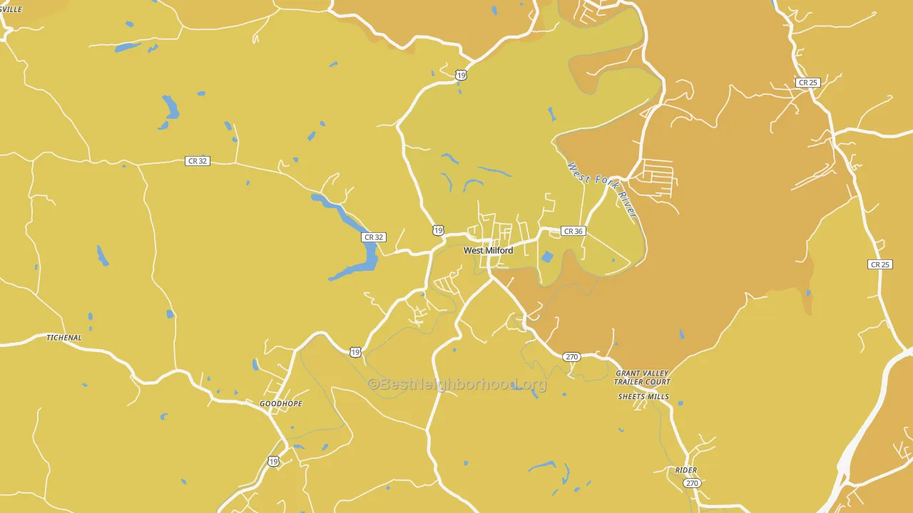 Map of the best neighborhoods in the West Milford area, with better matches in green and worse matches in red