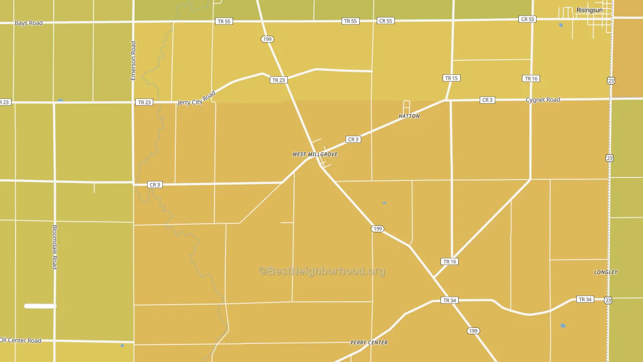 Map of the best neighborhoods in the West Millgrove area, with better matches in green and worse matches in red