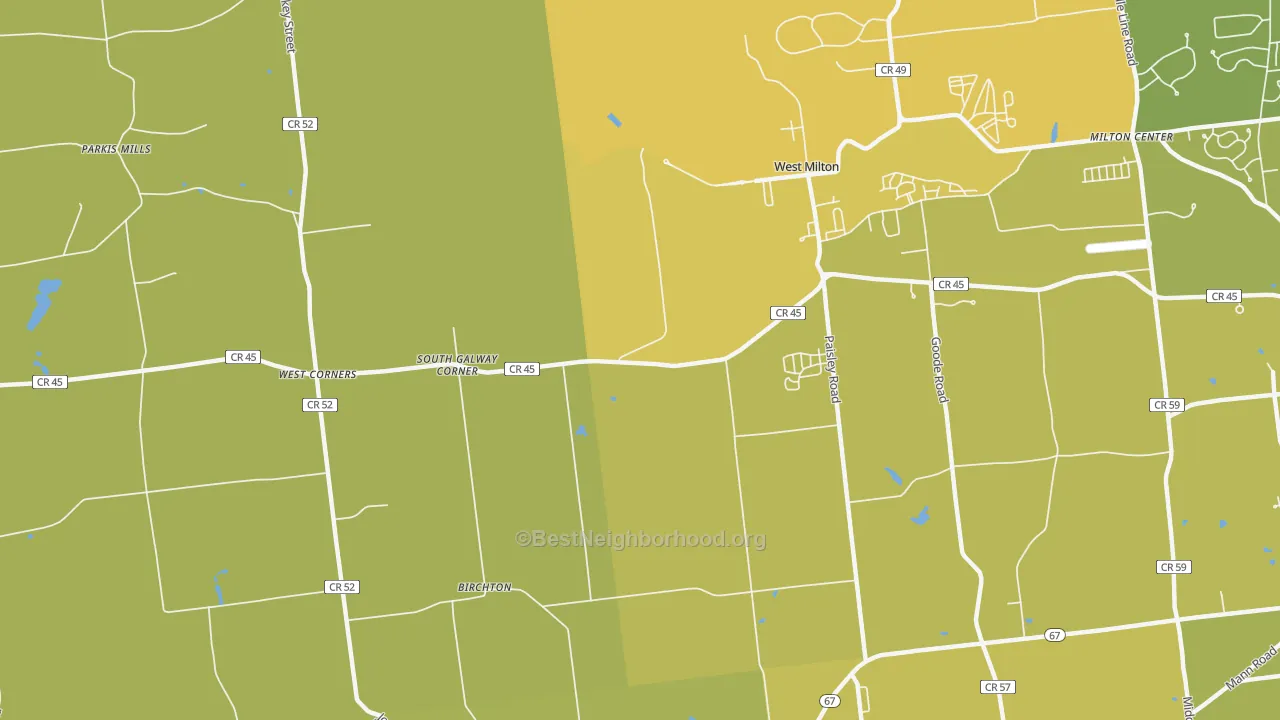 Map of the best neighborhoods in the West Milton area, with better matches in green and worse matches in red