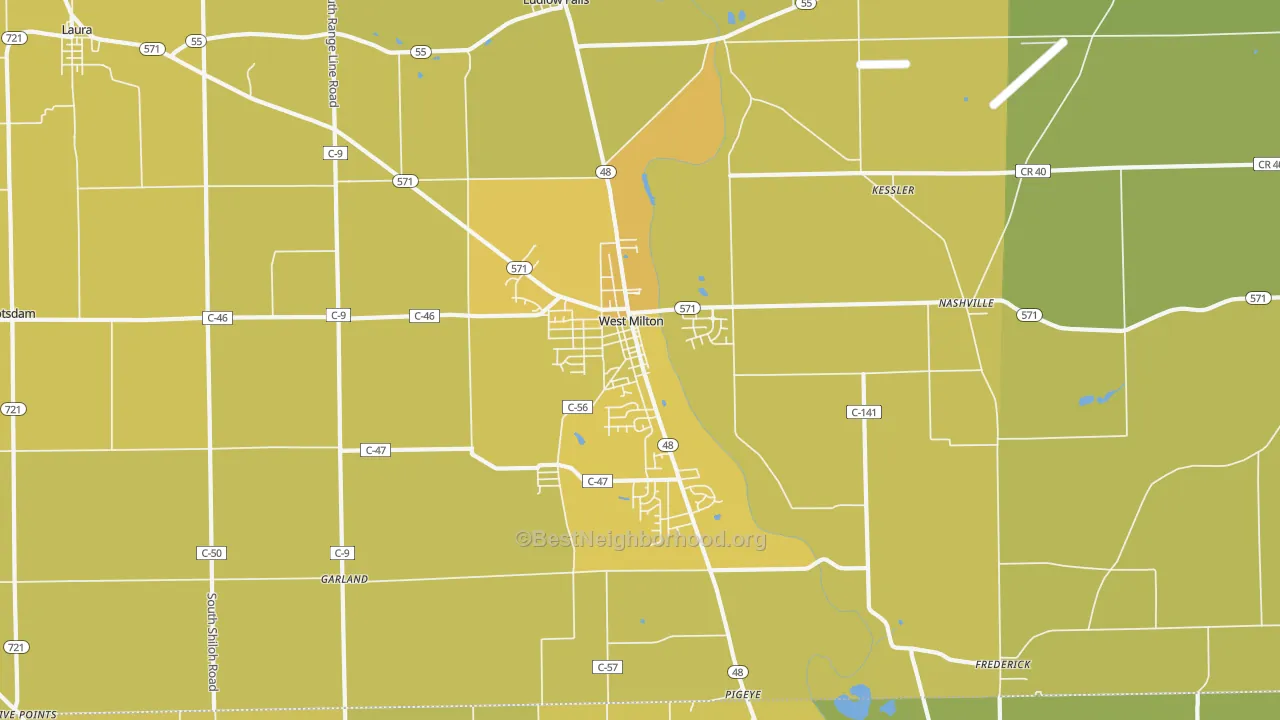 Map of the best neighborhoods in the West Milton area, with better matches in green and worse matches in red