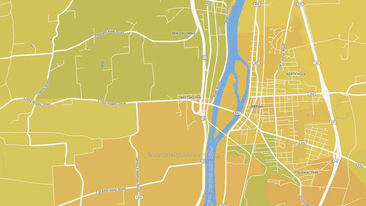 Map of the best neighborhoods in the West Milton area, with better matches in green and worse matches in red