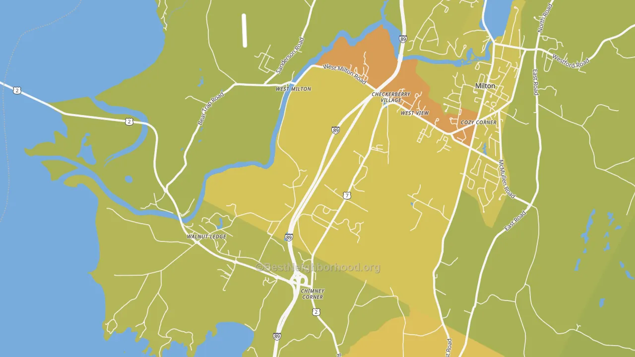 Map of the best neighborhoods in the West Milton area, with better matches in green and worse matches in red