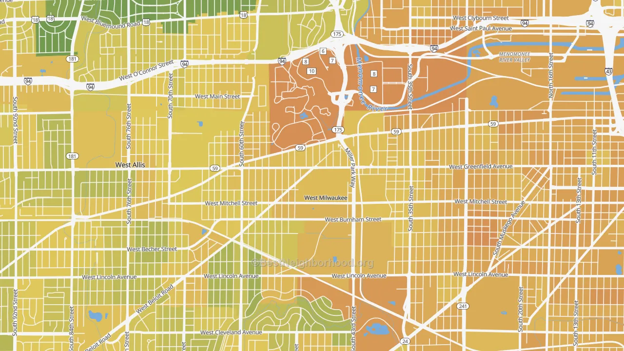 Map of the best neighborhoods in the West Milwaukee area, with better matches in green and worse matches in red