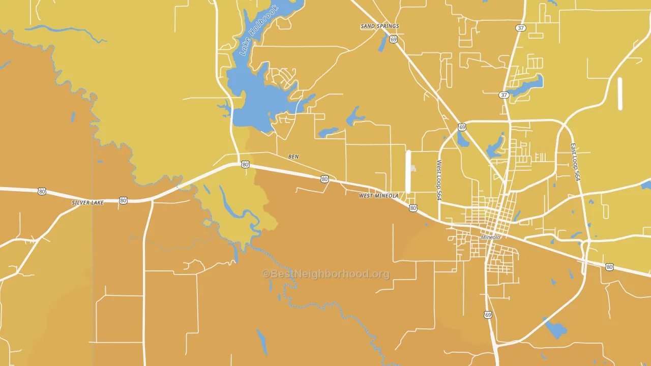 Map of the best neighborhoods in the West Mineola area, with better matches in green and worse matches in red
