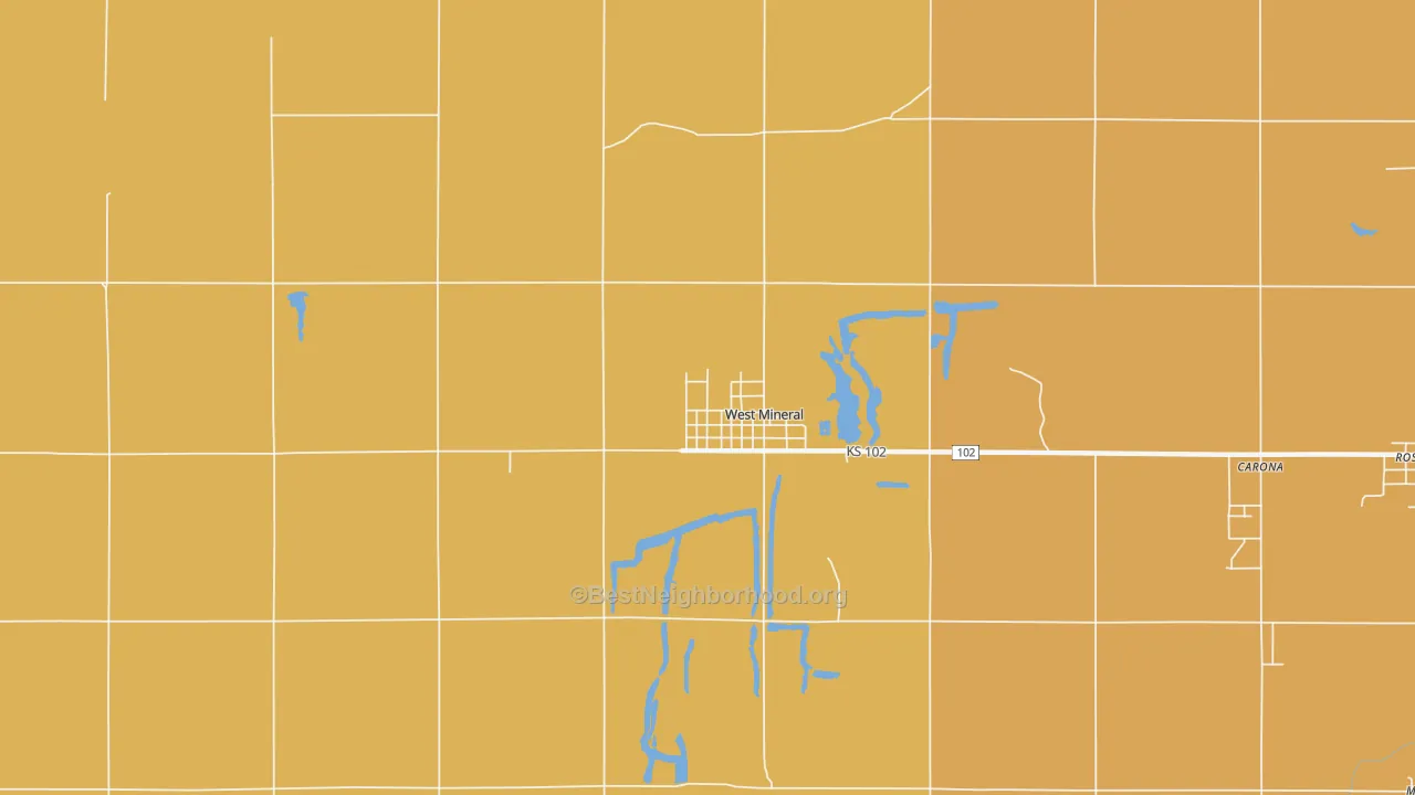 Map of the best neighborhoods in the West Mineral area, with better matches in green and worse matches in red