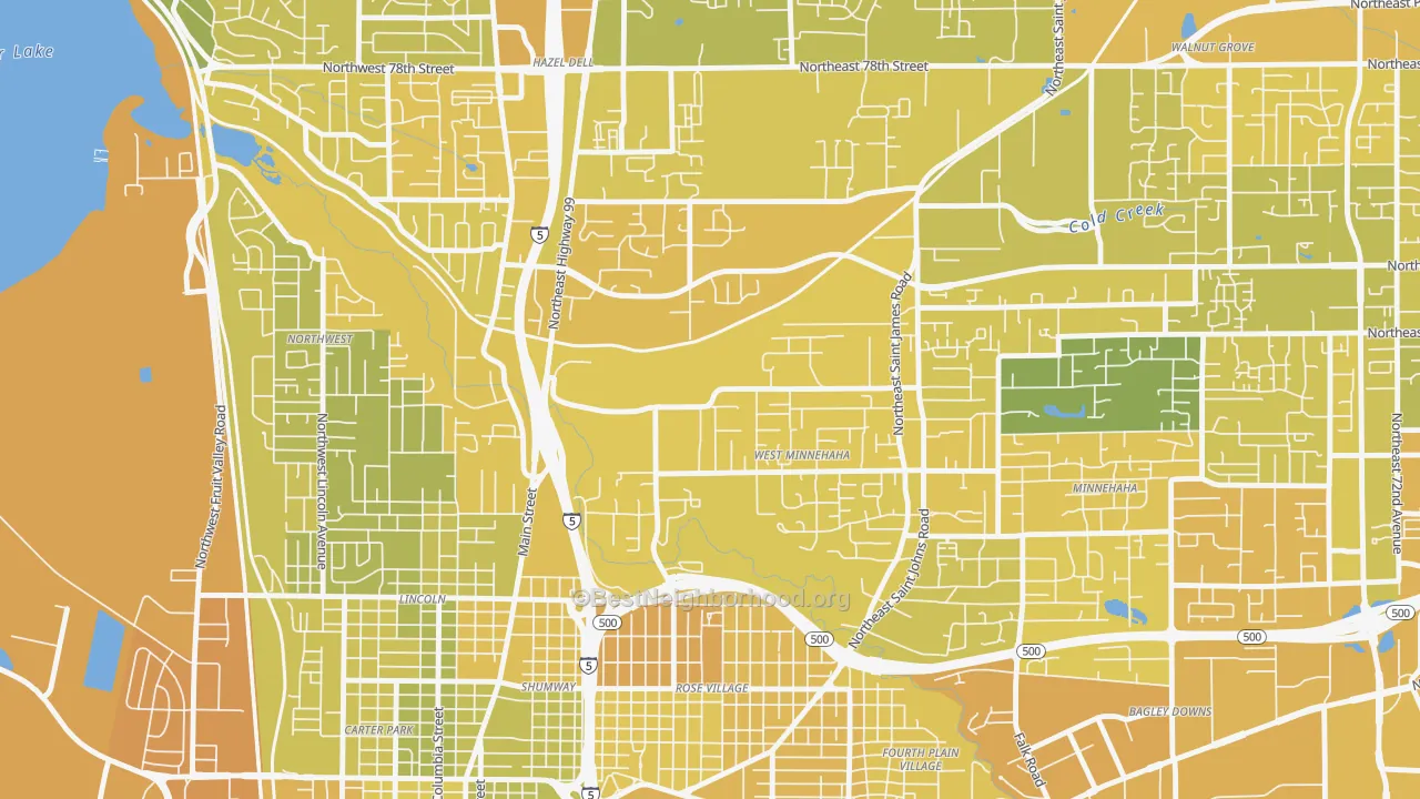 Map of the best neighborhoods in the West Minnehaha, Vancouver area, with better matches in green and worse matches in red
