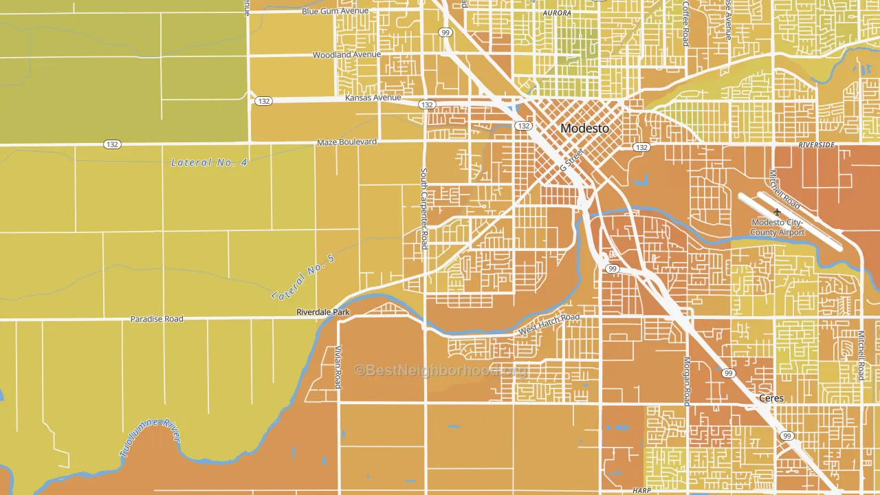 Map of the best neighborhoods in the West Modesto, Modesto area, with better matches in green and worse matches in red