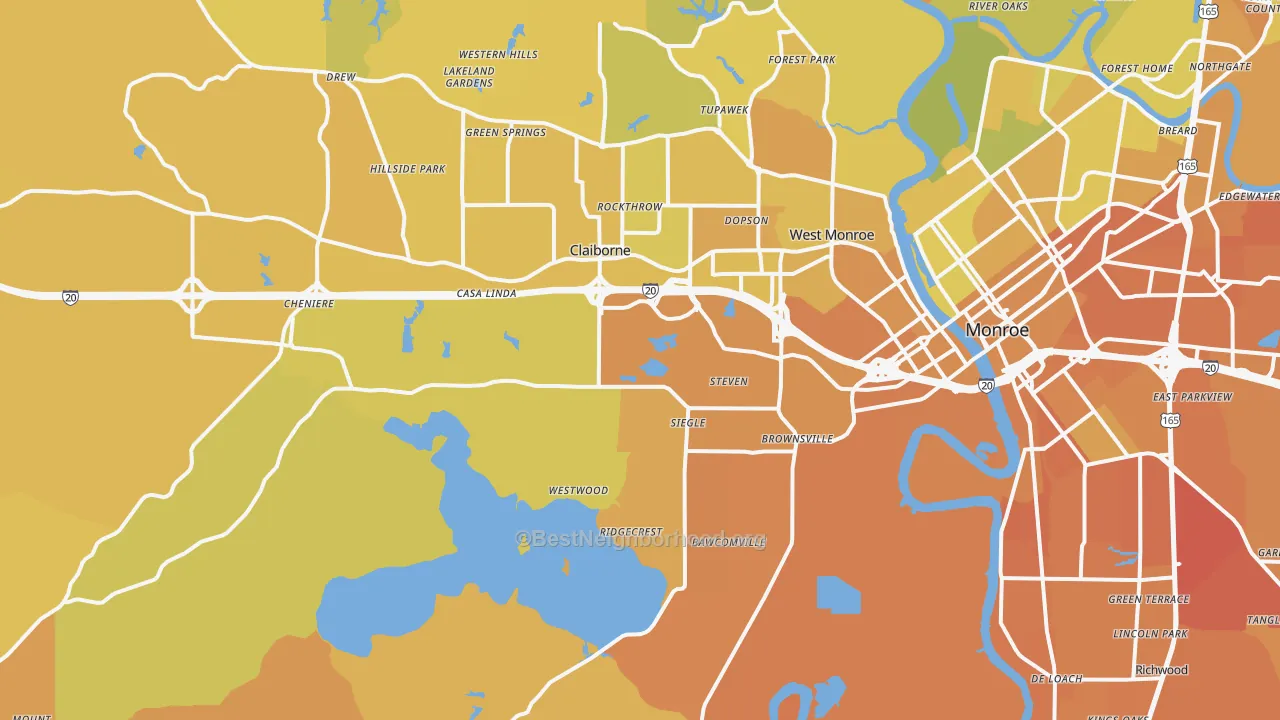 Map of the best neighborhoods in the West Monroe area, with better matches in green and worse matches in red