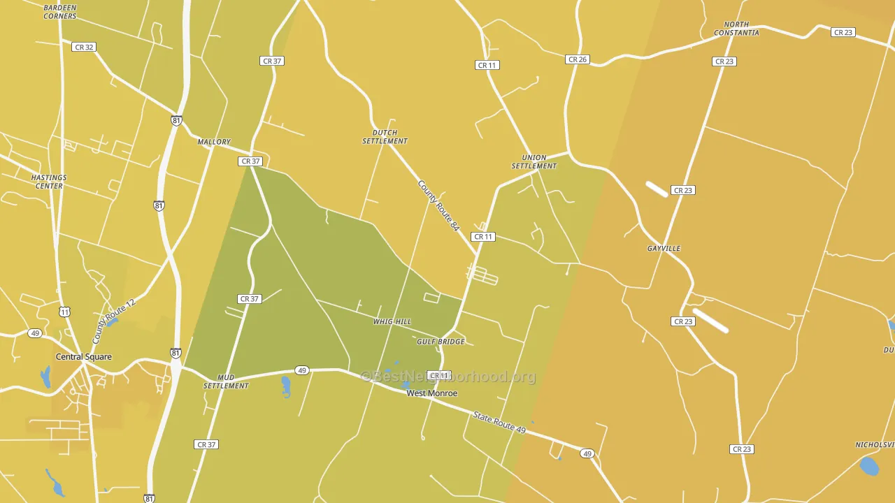 Map of the best neighborhoods in the West Monroe area, with better matches in green and worse matches in red