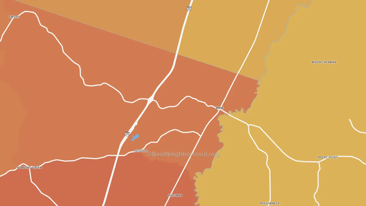 Map of the best neighborhoods in the West area, with better matches in green and worse matches in red