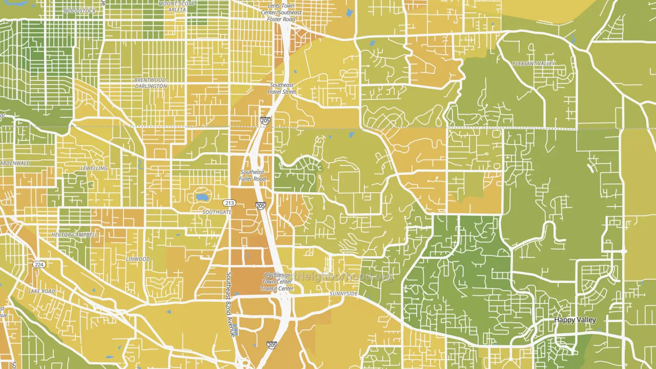 Map of the best neighborhoods in the West Mt. Scott, Happy Valley area, with better matches in green and worse matches in red