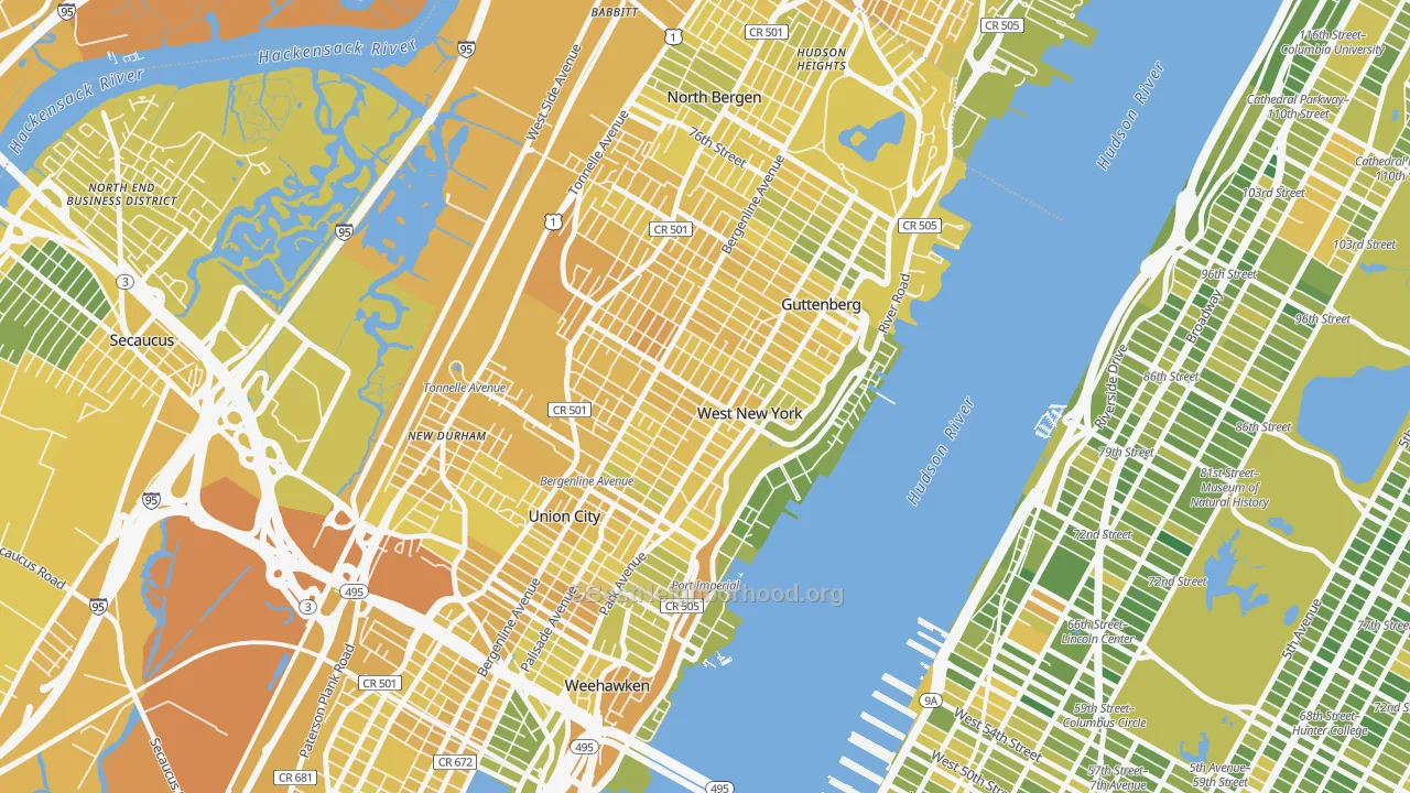 Map of the best neighborhoods in the West New York area, with better matches in green and worse matches in red