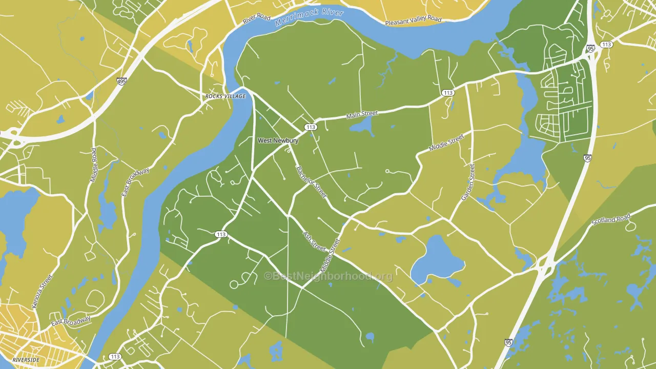 Map of the best neighborhoods in the West Newbury area, with better matches in green and worse matches in red