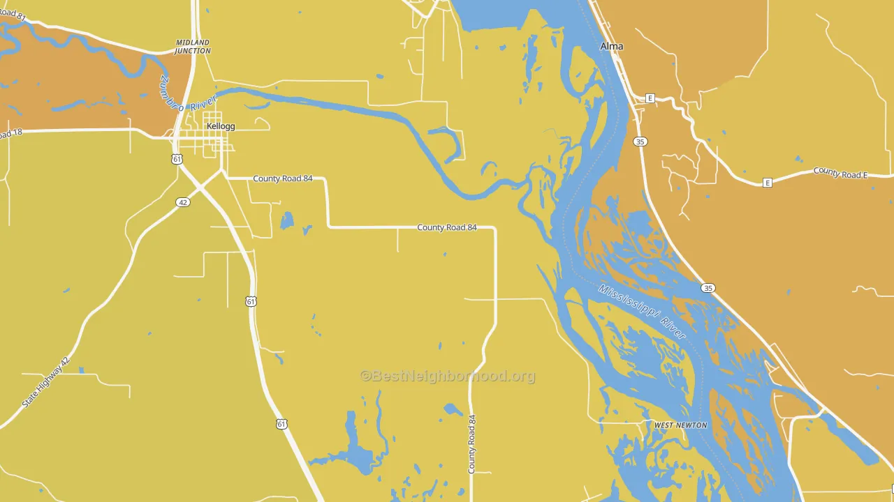 Map of the best neighborhoods in the West Newton area, with better matches in green and worse matches in red