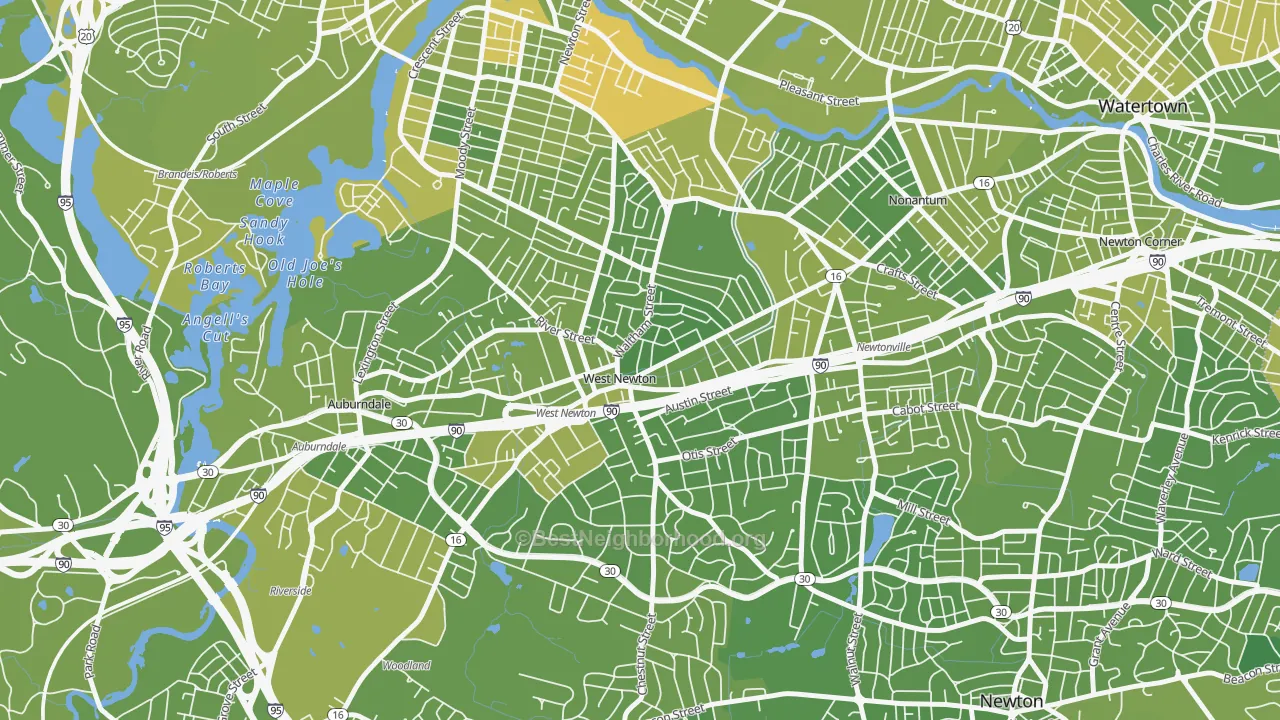 Map of the best neighborhoods in the West Newton, Newton area, with better matches in green and worse matches in red