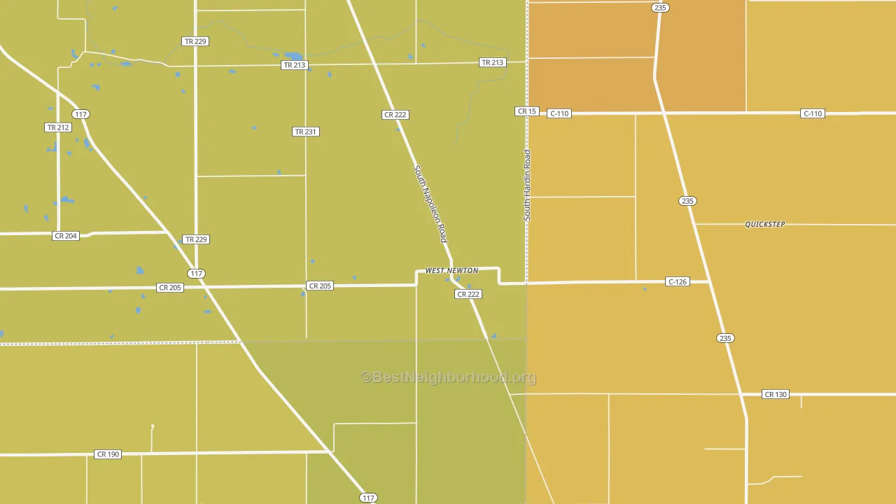 Map of the best neighborhoods in the West Newton area, with better matches in green and worse matches in red