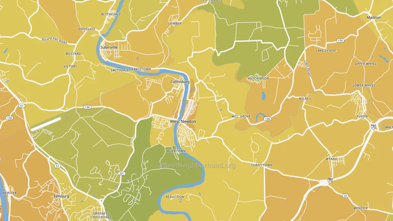 Map of the best neighborhoods in the West Newton area, with better matches in green and worse matches in red