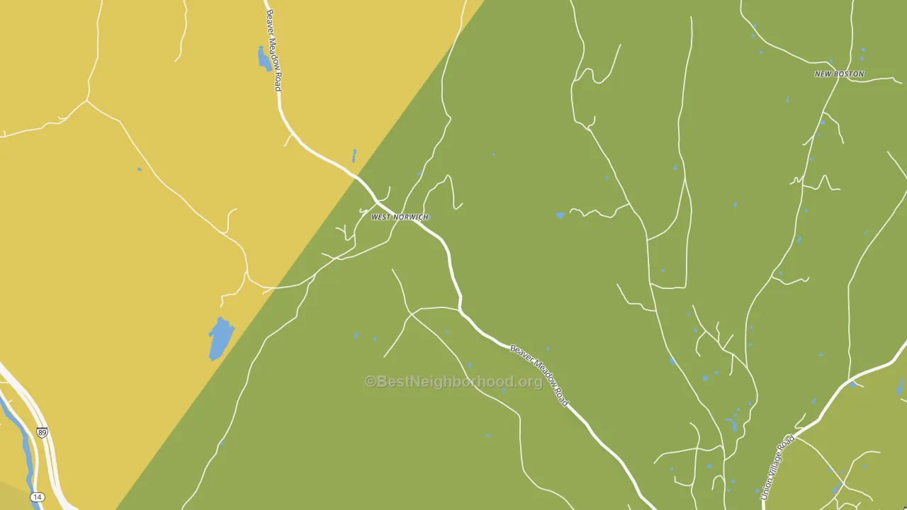 Map of the best neighborhoods in the West Norwich area, with better matches in green and worse matches in red