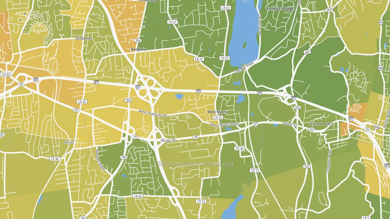 Map of the best neighborhoods in the West Nyack area, with better matches in green and worse matches in red