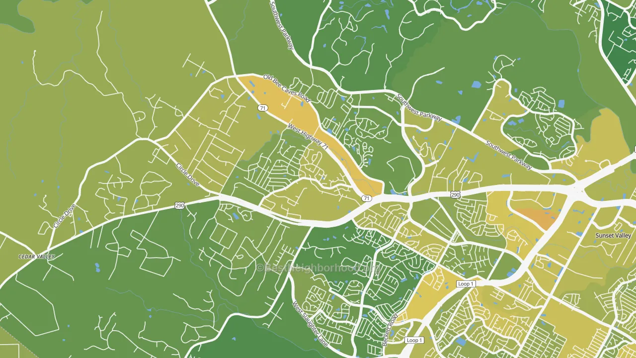 Map of the best neighborhoods in the West Oak Hill, Austin area, with better matches in green and worse matches in red