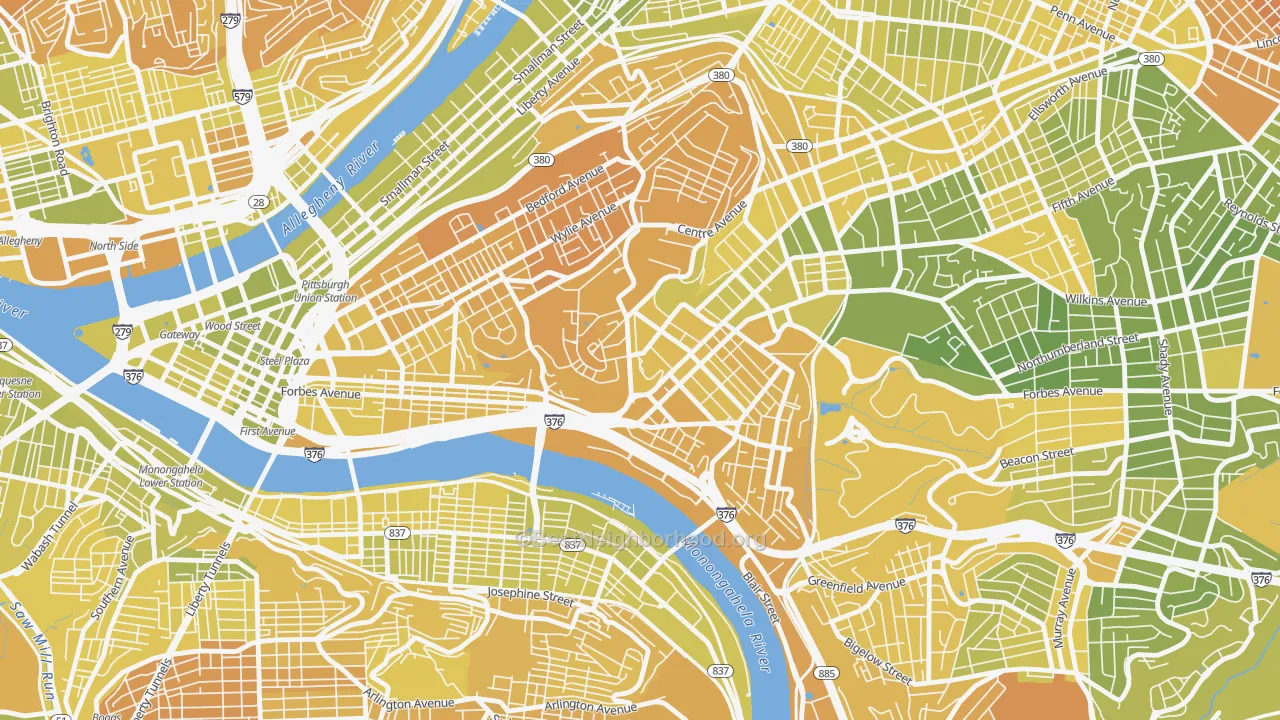 Map of the best neighborhoods in the West Oakland, Pittsburgh area, with better matches in green and worse matches in red